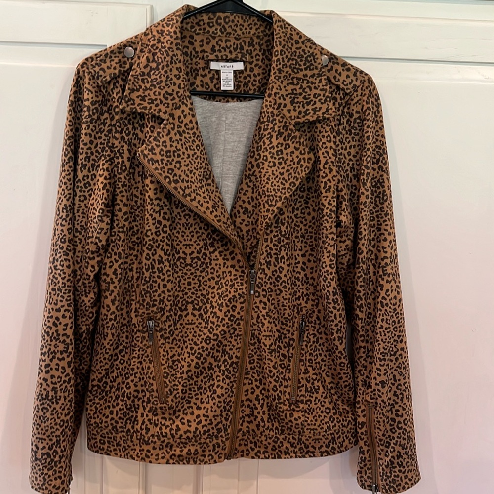 ASTARS women's faux suede leopard print biker jacket Size Medium